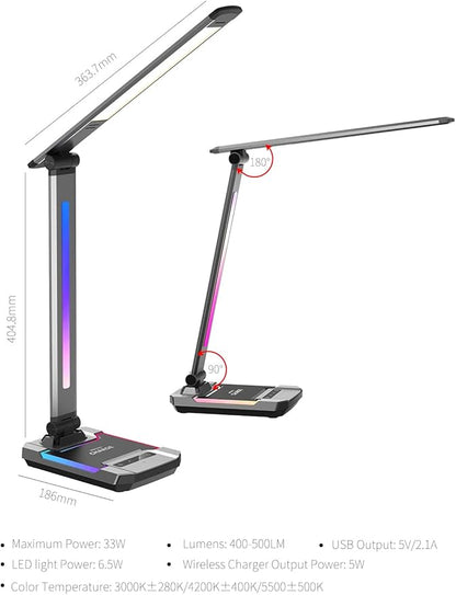 WILIT LED RGB Gaming Desk Lamp, Voice Activated Changing Colors Rhythm Light with Wireless Charger and USB Charging Port, Colorful Ambient Light Touch Table Lamp for Gaming, PC, Room Decoration