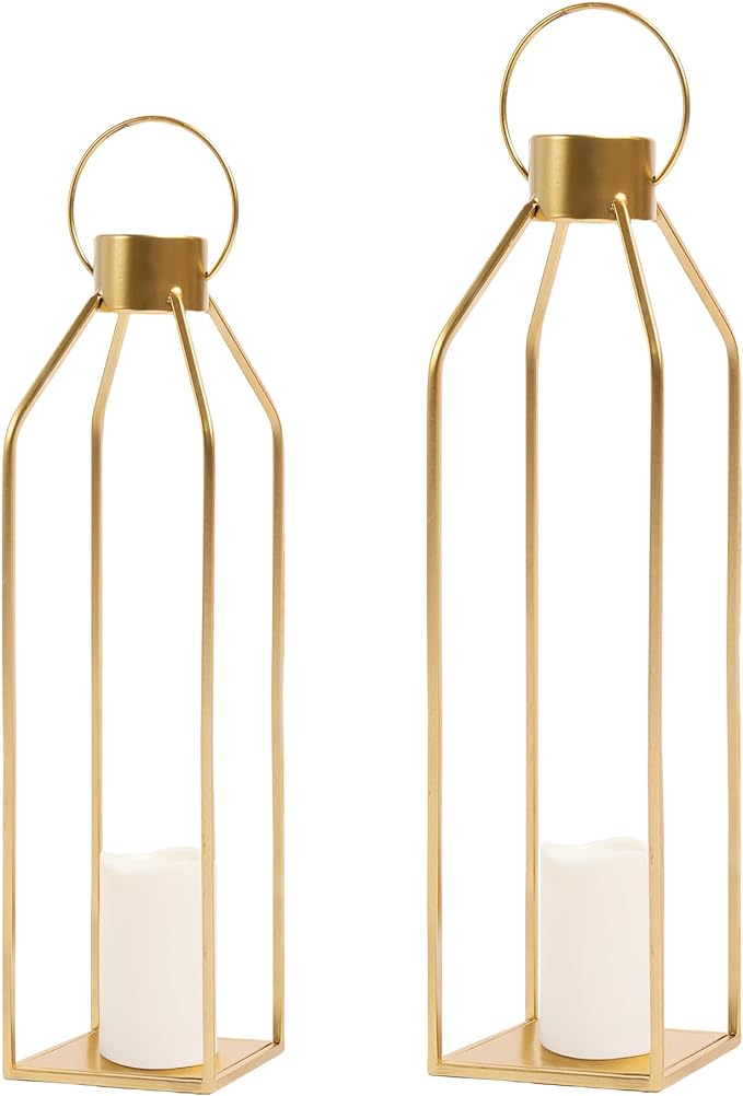 HPC Decor Modern Farmhouse Lantern - 22'' 19'' Large Tall Gold Metal Candle Lanterns with Timer Flickering Candles for Living Room, Outdoor, Fireplace Mantle Decor