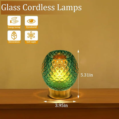 Battery Operated Lamp with Timer,Glass Cordless Lamps with LED Bulb,Decorative Lights for Living Room Bedroom Tabletop Entryway Centerpiece Gift (Green)