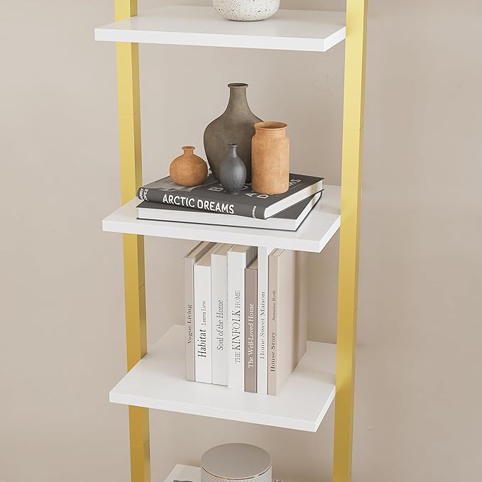 YMYNY 5 Tiers Ladder Bookcase, Industrial Wall Mounted Bookshelf, Open Display Rack with Metal Frame, Wooden Storage Shelves for Bedroom, Home Office, Living Room, White+Gold, 70*17.3*11.8"UHBC015W