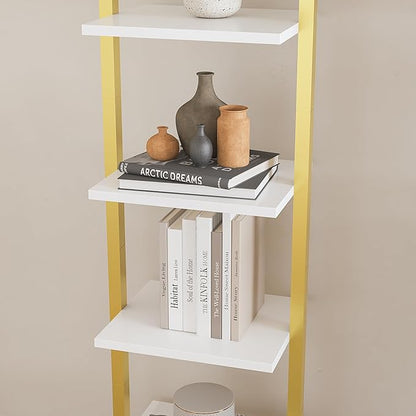 YMYNY 5 Tiers Ladder Bookcase, Industrial Wall Mounted Bookshelf, Open Display Rack with Metal Frame, Wooden Storage Shelves for Bedroom, Home Office, Living Room, White+Gold, 70*17.3*11.8"UHBC015W