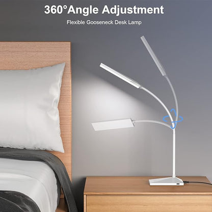 LED Desk Lamp Eye-Caring Table Lamps with USB Charging Port,7 Brightness Levels & 5 Color Modes,Touch Control and Memory Function, Flexible Gooseneck Reading Lamp for Home Office, White