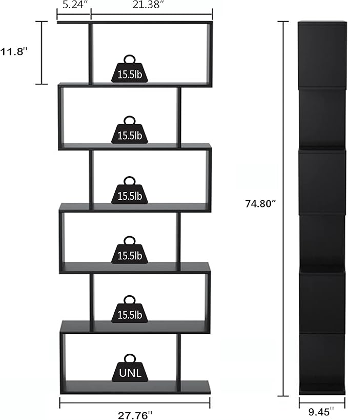 Yusong Bookshelf 6-Tier, Geometric Bookcase S Shaped Book Shelves for Bedroom, Modern Wood Decorative Display Shelf Tall Book Case for Home Office, Black