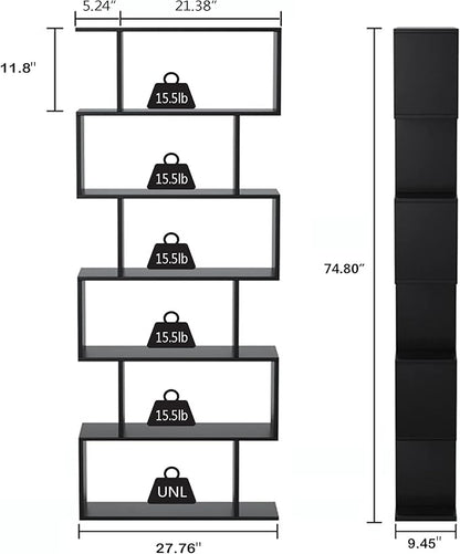 Yusong Bookshelf 6-Tier, Geometric Bookcase S Shaped Book Shelves for Bedroom, Modern Wood Decorative Display Shelf Tall Book Case for Home Office, Black