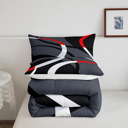 Feelyou Geometric Circle Comforter Set Red Grey and Black Comforter for Kids Boys Girls Teens Geometry Bedding Set Breathable Abstract Art Duvet Set Modern Luxury Room Decor Quilt Set King Size