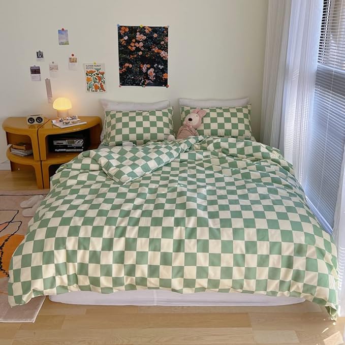 Wellboo Green White Plaid Comforter Sets Full Women Men Sage Green Checkerboard Grid Bedding Comforters Cotton Boys Girls Modern Grass Green and White Checkered Geometric Quilts Luxury Abstract Bed
