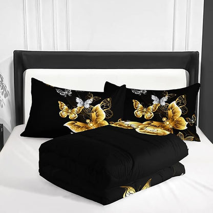 Butterfly Comforter Set for Adults Black and Gold Butterfly Bedding Set Aesthetics Butterflies Quilt Duvet Set Full Size with 1 Comforter and 2 Pillowcases
