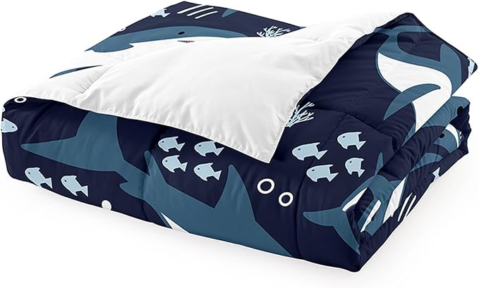 Shark Comforter Set for Bedroom - 3Pcs Boys Shark Bedding Set for Bedroom Cute Cartoon Shark Comforter Set for Kids Sea Animals Theme Boys Room Decor with 1 Comforter + 2 Pillowcases, Queen Size
