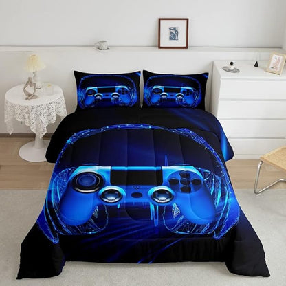 Gamer Bedding Set Kids Video Game Gamepad Comforter Set for Boys Teens Gaming Headset Comforter Breathable Blue Game Controller Duvet Set Room Decor Quilt Set Full Size