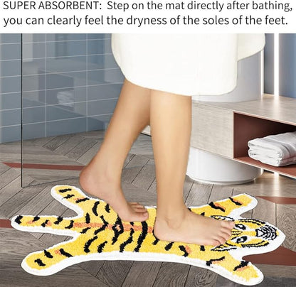 Tiger Shaped Bath Mat for Bathroom Cute Animals Yellow Tiger Cartoon Bath Rug Non-Slip Absorbent Bathtub Rug for Bathroom Tub Door Mat Soft Bathmat Home Decor