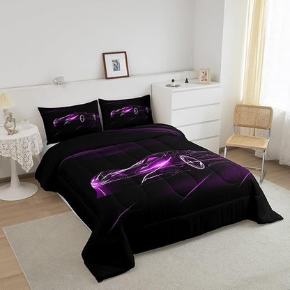 Feelyou Purple Race Car Bedding Set Queen Size for Kids Boys Extreme Sport Games Comforter Set Teens Toddler Fast and Furious Duvet Set Cool Modern Quilt Set 3Pcs