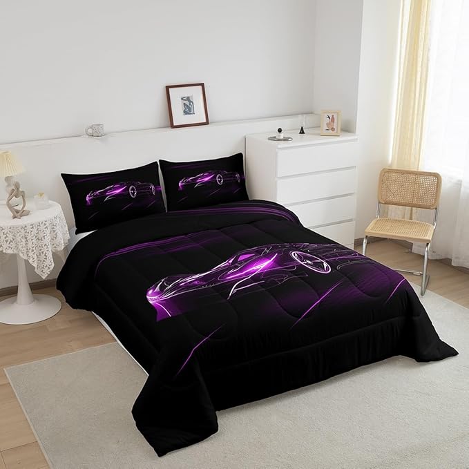 Feelyou Purple Race Car Bedding Set Twin Size for Kids Boys Extreme Sport Games Comforter Set Teens Toddler Fast and Furious Duvet Set Cool Modern Quilt Set 2Pcs