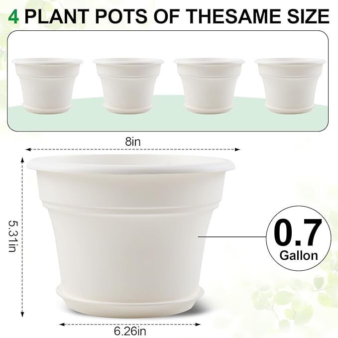 8 Inch Plastic-Flower Pot-for-Indoor Plants, 4 Pack Large Outdoor Planter Pot with Drainage Holes & Saucers, Resin Decorative Garden Pots Planters