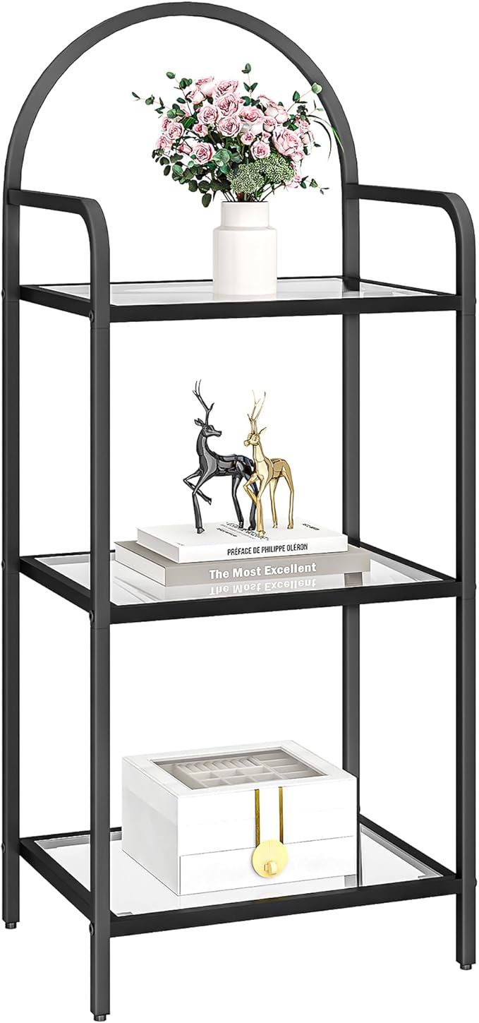 Bookcase Bookshelf, Tempered Glass Bookshelves, Slim Shelving Unit for Bedroom, Bathroom, Home Office, Steel Frame, 3 Tier Black BC10301B