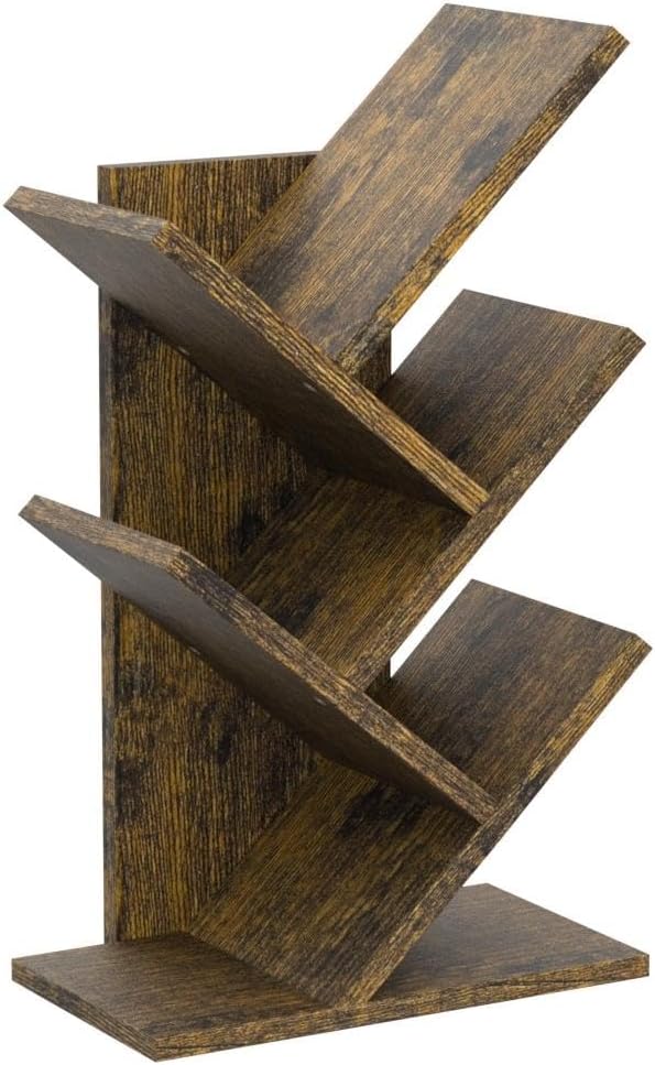 Hoctieon 4 Tier Tree Bookshelf, 4 Shelf Bookcase, Modern Book Storage, Free Standing Tree Bookcase, Utility Organizer Shelves for Home Office, Living Room, Bedroom, Rustic Brown