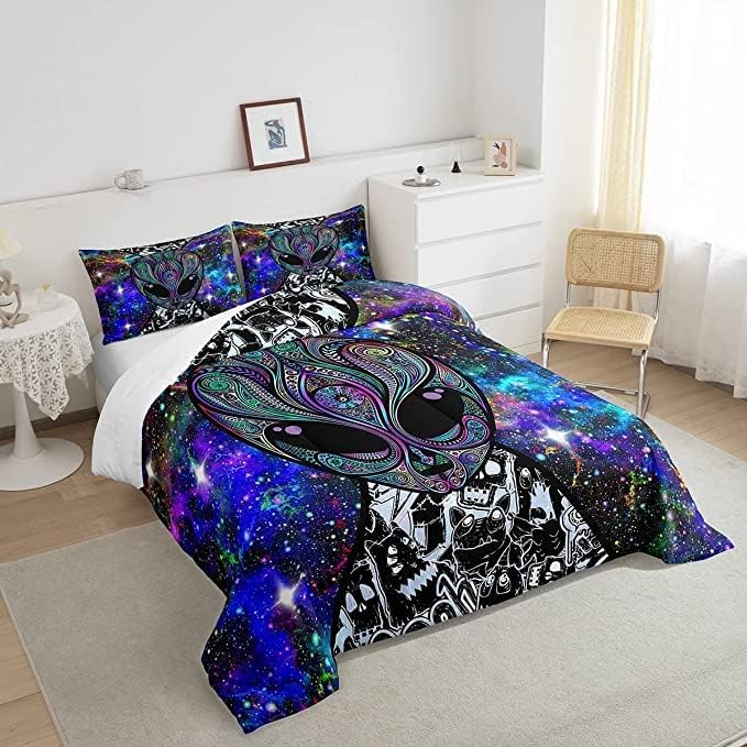 Trippy Alien Comforter Set King Size Kids Boys Galaxy Hippie Graffiti Bedding Set Psychedelic Alien Outer Space Comforter Purple Trippy Room Decor Bohemian Alien Quilted Bed Sets for Adults Men Boys