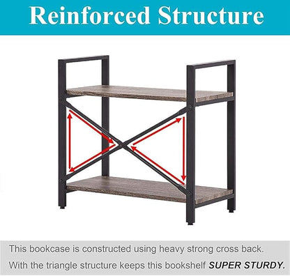 BON AUGURE Small Bookshelf for Small Space, 2 Tier Shelf Floor Bookcase for Storage, Industrial Short Low Wood Metal Book Shelves for Bedroom, Office and Living Room(Dark Gray Oak)