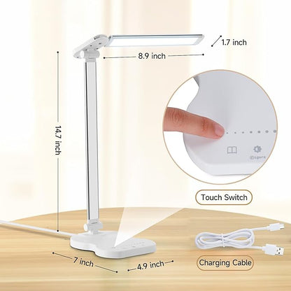 Led Desk Lamp with USB Charging Port, 5 Lighting Colors & 10 Brightness Reading Lamp, Foldable Dimmable LED Desk Light, 3000-6500K, Violin Shape Lamp Desk Lamps for Home Office-White