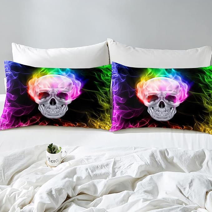 Erosebridal Skull Comforter Set, Skeleton Bones Bedding Set King Size Halloween Horror Gold Flame Duvet Sets for Kids Teens Adult Bedroom Decor, Gothic Spooky Bedding Comforters, Warmth Soft