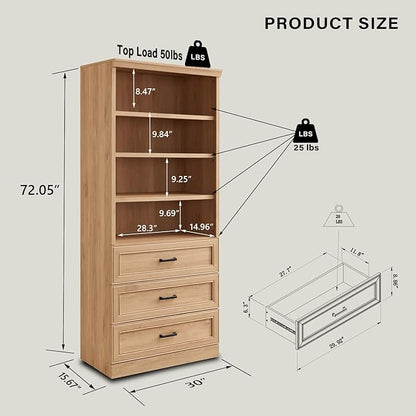 72" Tall Bookshlef with 3 Drawers, Farmhouse 4-Tier Bookcase with Adjustable Shlef, Wooden Storage Cabinet for Living Room, Kitchen, Home Office, Dining Room, Natural