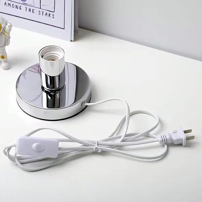 Simple Unique Lamp Base Only,Mini Bedside Table Lamp Bases,E26 Edison Light Bulb Stand Lamps for Small Spaces,Minimalist Desk Lamps Set w/ 5.8ft White Cord Switch Plug,No Bulb,Silver/Chrome,S