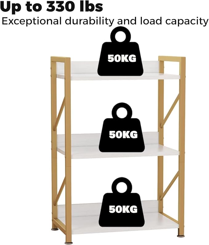 Small Bookshelf for Small Spaces, 3 Tier Bookcase, Narrow Gold Book Shelf, Small Shelf Open Display Rack for Bedroom, Living Room, Home Office,White&Gold