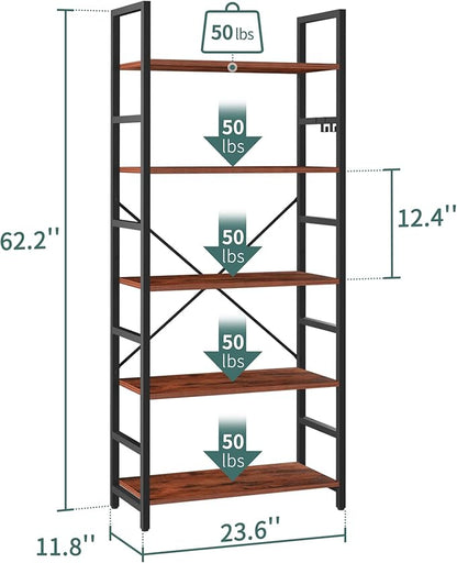 Yoobure 5 Tier Bookshelf - Tall Book Shelf Modern Bookcase for CDs/Movies/Books, Rustic Book Case Industrial Bookshelves Book Storage Organizer for Bedroom Home Office Living Room Brown