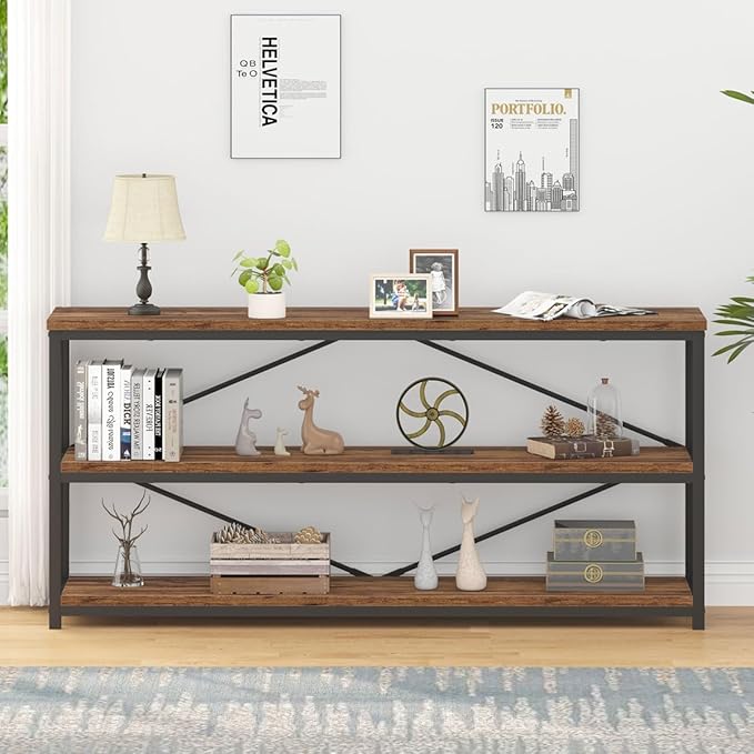 IBF Low Rustic 3 Tier Bookshelf, Industrial Horizontal Wood Bookcase, Farmhouse Long Wide Open Metal Etagere, Modern Large Vintage Book Shelf for Home Office Bedroom Living Room, Rustic Brown, 63 Inch