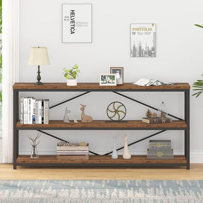 IBF Low Rustic 3 Tier Bookshelf, Industrial Horizontal Wood Bookcase, Farmhouse Long Wide Open Metal Etagere, Modern Large Vintage Book Shelf for Home Office Bedroom Living Room, Rustic Brown, 63 Inch