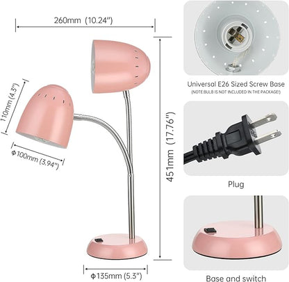 Eye-Caring Table Lamp of Simple Designs Home E26 Led Screw Basic Metal Desk Lamp with Flexible Gooseneck Hose Neck Study Lamp for Bedroom Office Living Room Convenient On/Off Switch(Pink)