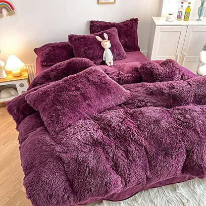 Faux Fur Kids Girls Grape Purple Comforter Sets Twin/Full - 3PC Bed Set Warm Comfortable Soft Plush Flannel Velvet Fluffy Fuzzy Bedding（Comforter x 1 Pillowcases x 2）