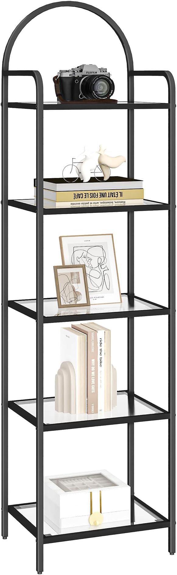 Bookcase Bookshelf, Tempered Glass Bookshelves, Slim Shelving Unit for Bedroom, Bathroom, Home Office, Steel Frame, 5 Tier Black BC05001B