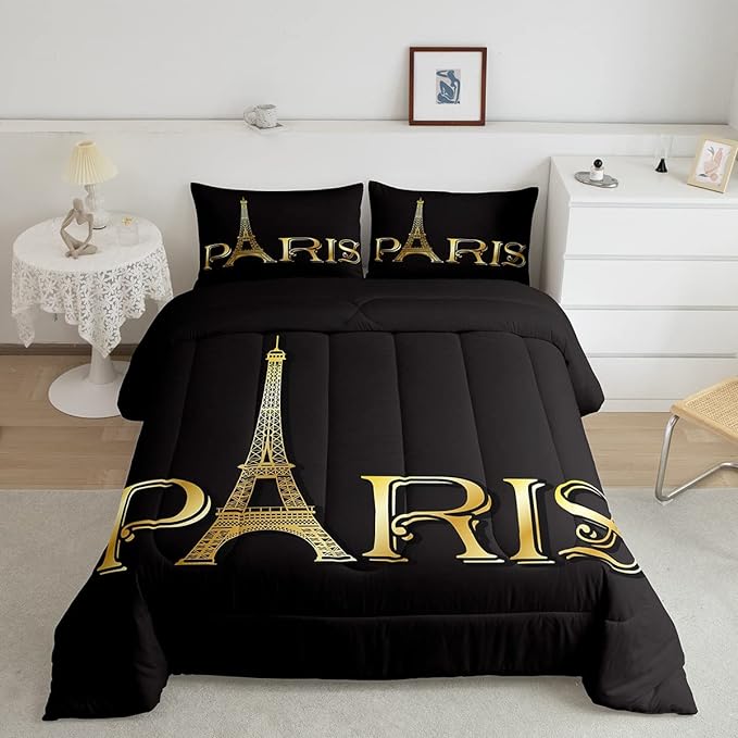 Erosebridal Eiffel Tower Comforter Set, City Building of Paris Bedding Set King Size, Gold Black Duvet Sets for Kids Boys Girls Teens Bedroom, Soft Microfiber Bedding Comforters with 2 Pillow Cases