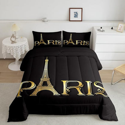 Erosebridal Eiffel Tower Comforter Set, City Building of Paris Bedding Set King Size, Gold Black Duvet Sets for Kids Boys Girls Teens Bedroom, Soft Microfiber Bedding Comforters with 2 Pillow Cases