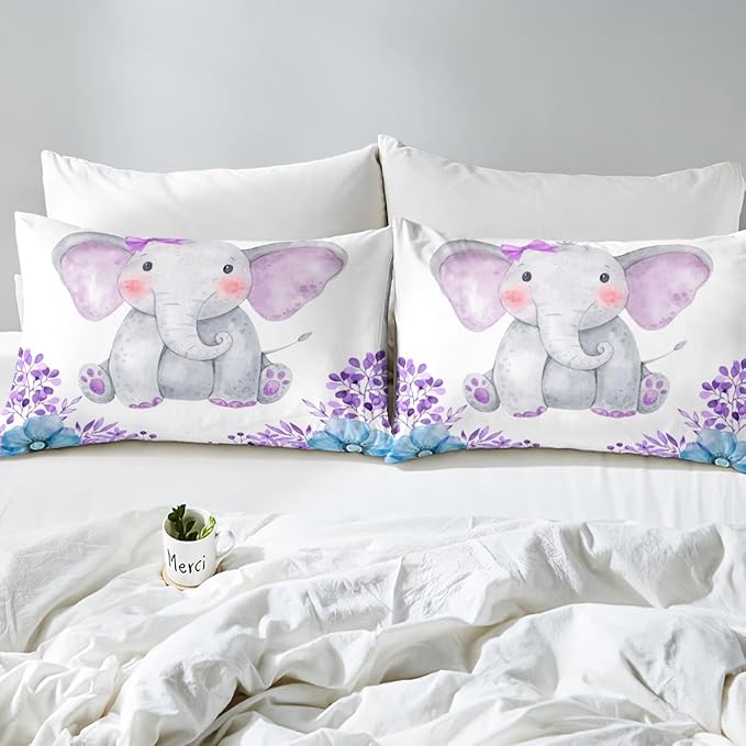 Kids Elephant Bedding Set Cute Animal Comforter Set Twin For Girls Boys Kawaii Room Decor, Flower Branches Duvet Sets Cartoon Elephant With Floral Down Comforter With 1 Pillow Case, Purple Blue