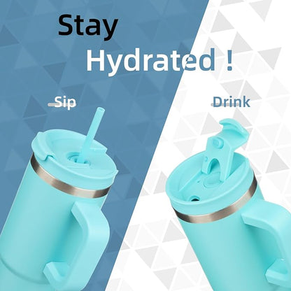 Konokyo 40 oz Insulated Tumbler Water Bottle with Handle, Straw Lid | BPA-free and dishwasher safe; made for gym, travel, coffee and gifting, 2 straws, cup holder friendly,Turquoise