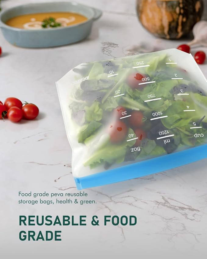 IDEATECH 10 Pack Reusable Quart Freezer Bags, Stand-Up Food Storage Bags | Leakproof, Dishwasher Safe, Stand-Up, BPA-Free Food Grade, Medium Size with Measurement Marks for Lunch, Snacks & Meal Prep