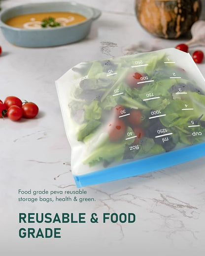 IDEATECH 10 Pack Reusable Quart Freezer Bags, Stand-Up Food Storage Bags | Leakproof, Dishwasher Safe, Stand-Up, BPA-Free Food Grade, Medium Size with Measurement Marks for Lunch, Snacks & Meal Prep