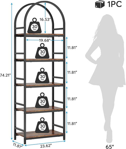 Tribesigns 5-Tier Open Bookshelf, 74.4" Wood Bookcase Storage Shelves with Metal Frame, Freestanding Display Rack Tall Shelving Unit for Office, Bedroom, Living Room, Easy Assembly(Brown, 1PC)