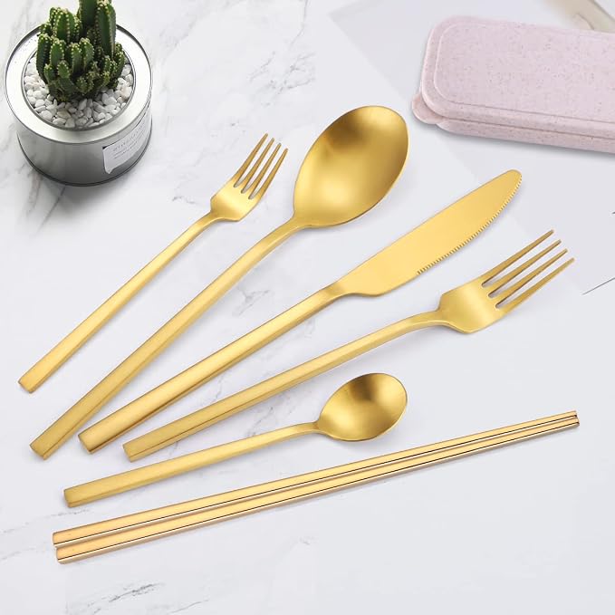AARainbow 8 Pieces Stainless Steel Flatware Set Portable Reusable Cutlery Set Travel Utensils Set Including Chopsticks Knife Fork Spoon Straws Cleaning Brush Dishwasher Safe (B-Golden)
