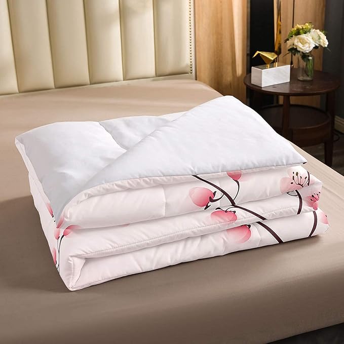 Erosebridal Cherry Blossoms Comforter Set Queen, Girl Pink Floral Down Comforter, Japanese Spring Bedding Set, Pale Pink Blossom Petal Quilted Duvet, Branch Floral Duvet Set for Women,Girly Romantic