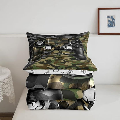Feelyou Kids Gamer Comforter Set Camouflage Gaming Bedding Set for Boys Teens Bedroom Green Black Camo Video Game Decor Comforter Gamer Console Quilt Set Twin Size Duvet Quilted 2Pcs