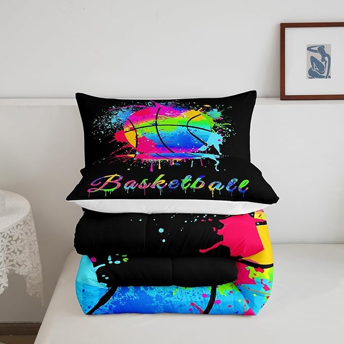 Kids Basketball Comforter Set Full Size Gaming Sports Bedding Set for Boys Girls Teens Bedroom Decor Ball Games Tie Dye Comforter Gift for Basketball Lover Duvet Set with 2 Pillow Case