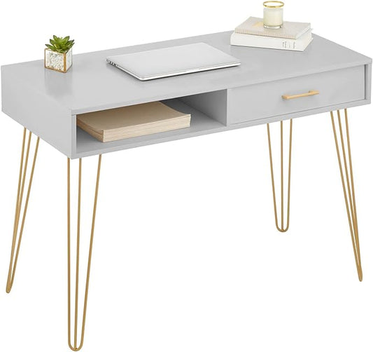 mDesign Metal/Wood Modern Computer Desk - Minimalist Desk and Computer Table with Drawer - Simple Desk with Storage Cubby and Hairpin Legs - Small Work Desk for Home Office, Study - Gray/Soft Brass