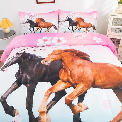 Feelyou Girls Horse Comforter Set Full Size Galloping Horses Bedding Set for Kids Teens Cherry Blossom Comforter 3D Wild Animal Duvet Set Farmhouse Bedroom Decor Quilt Set with 2 Pillow Cases 3Pcs
