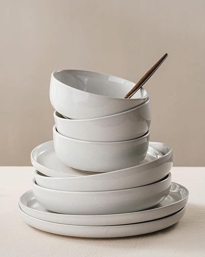 Famiware Milkyway Stoneware Dinnerware Sets with Pasta Bowls, Service for 4 (16 Pieces), Plates and Bowls Sets -Scratch Resistant, Microwave and Dishwasher Safe Dishes Set, White