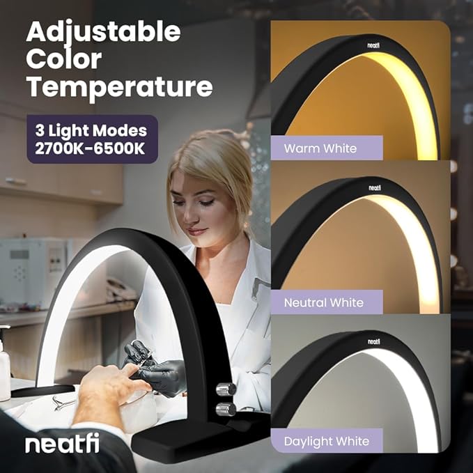 Neatfi Half Moon LED Table Lamp for Estheticians, Nail Tech, and Cosmetician, 1600 Lumens, Dimmable, 3 Light Modes, 40W, 2700K-5600K, Nail Art, Facial, Waxing, Threading, Tattoo (Modern, Black)