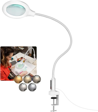 26" Gooseneck Magnifying Lamp with Clamp, 5 Color Modes Stepless Dimmable LED Desk Light with Magnifying Glass, 10X Real Glass Lighted Magnifier Hands Free for Painting Close Work Craft Hobby