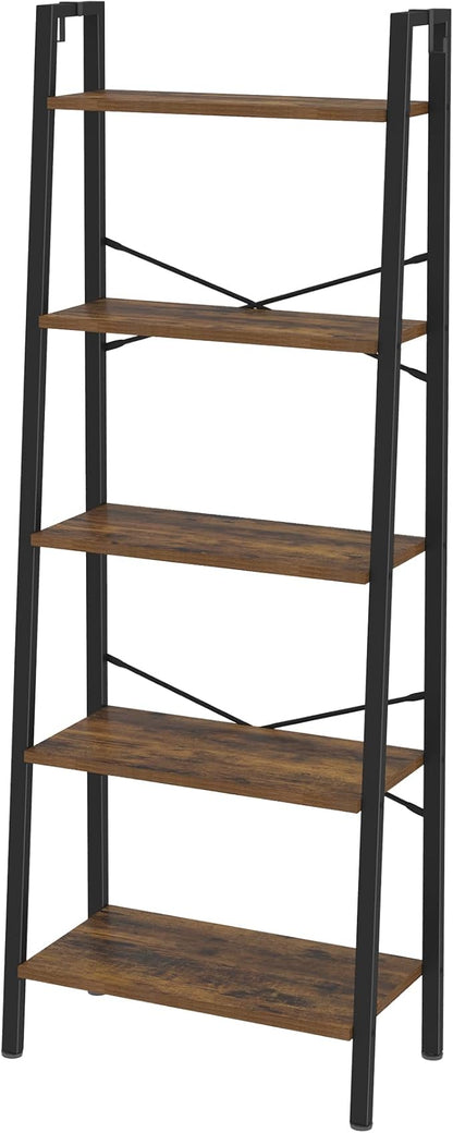 Ladder Shelf, Bookshelf Bookcase, Freestanding Corner Storage Shelve with 2 Hooks for Home Office, Living Room, Kitchen, Bedroom, Industrial, 5-Tier Rustic Brown BC19301B