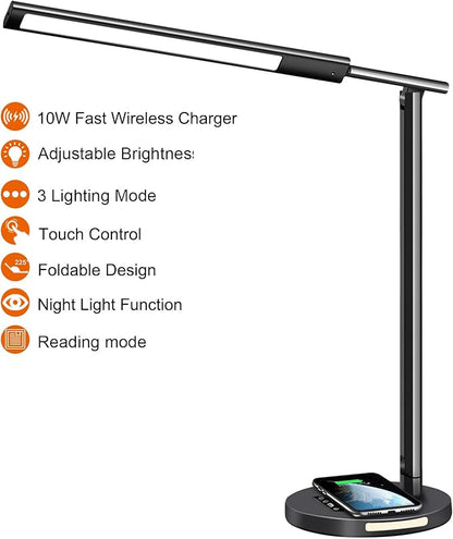 AFROG 8 in1 Multifunctional LED Desk Lamp with 10W Fast Wireless Charger,USB Charging Port, Night Light, 1200Lux Super Bright, 3 Lighting Mode, 5 Brightness,30/60 Min Timer, 12W Office Table Lamp